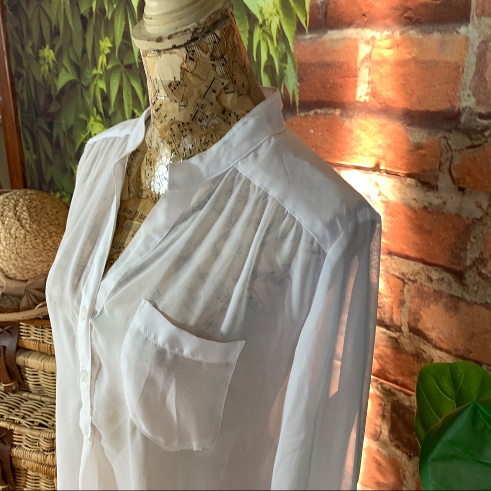 Half button up sheer top blouse career XL roll tab - Picture 5 of 12